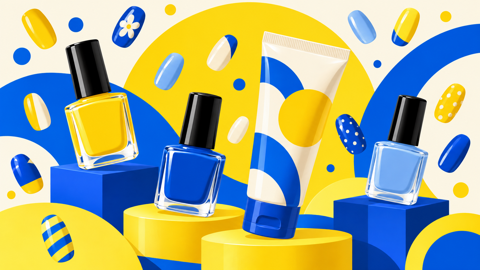 Cheerful blue and yellow illustration of nail polish bottles and geometric shapes