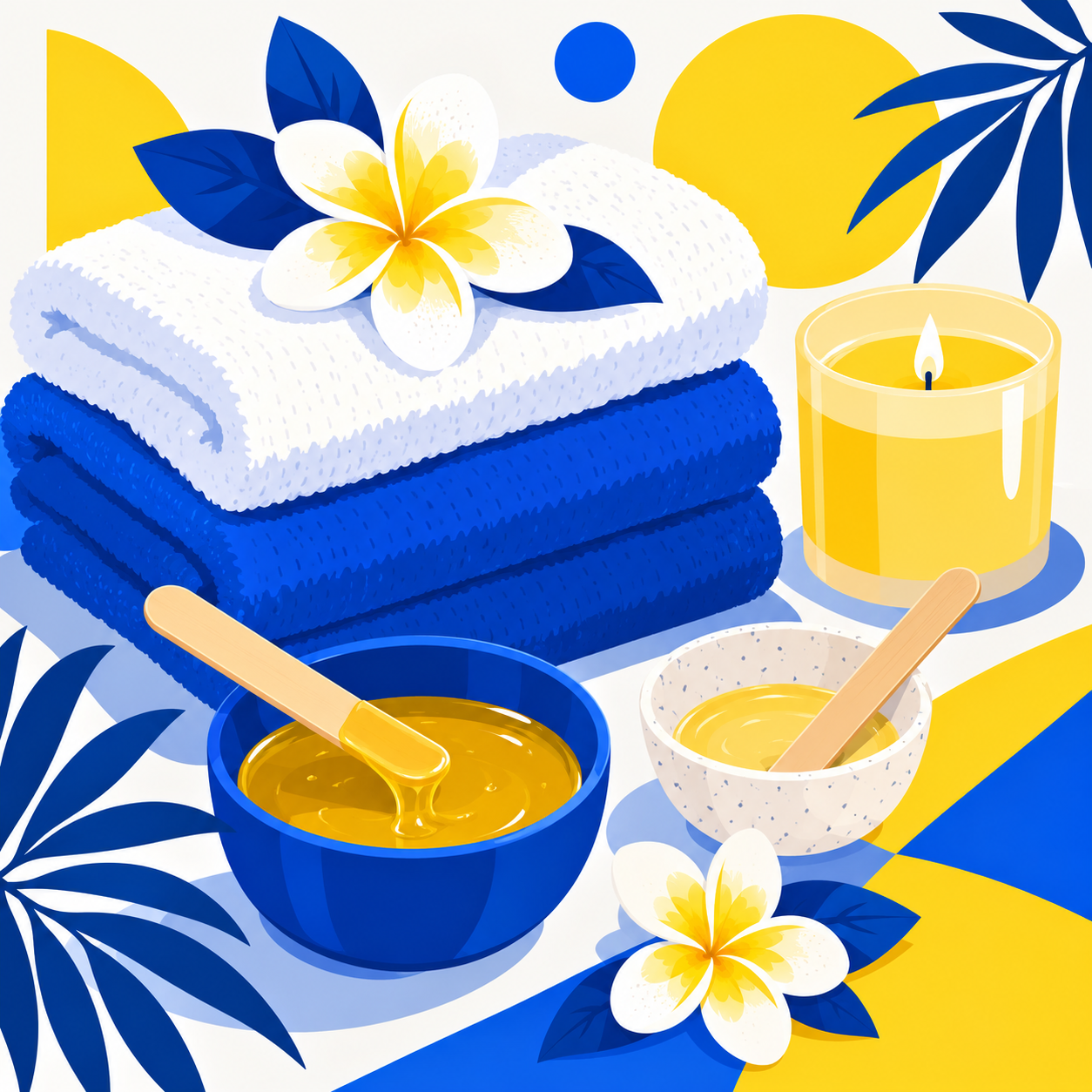 Cheerful blue and yellow illustration of spa towels, a flower, a candle and small bowls